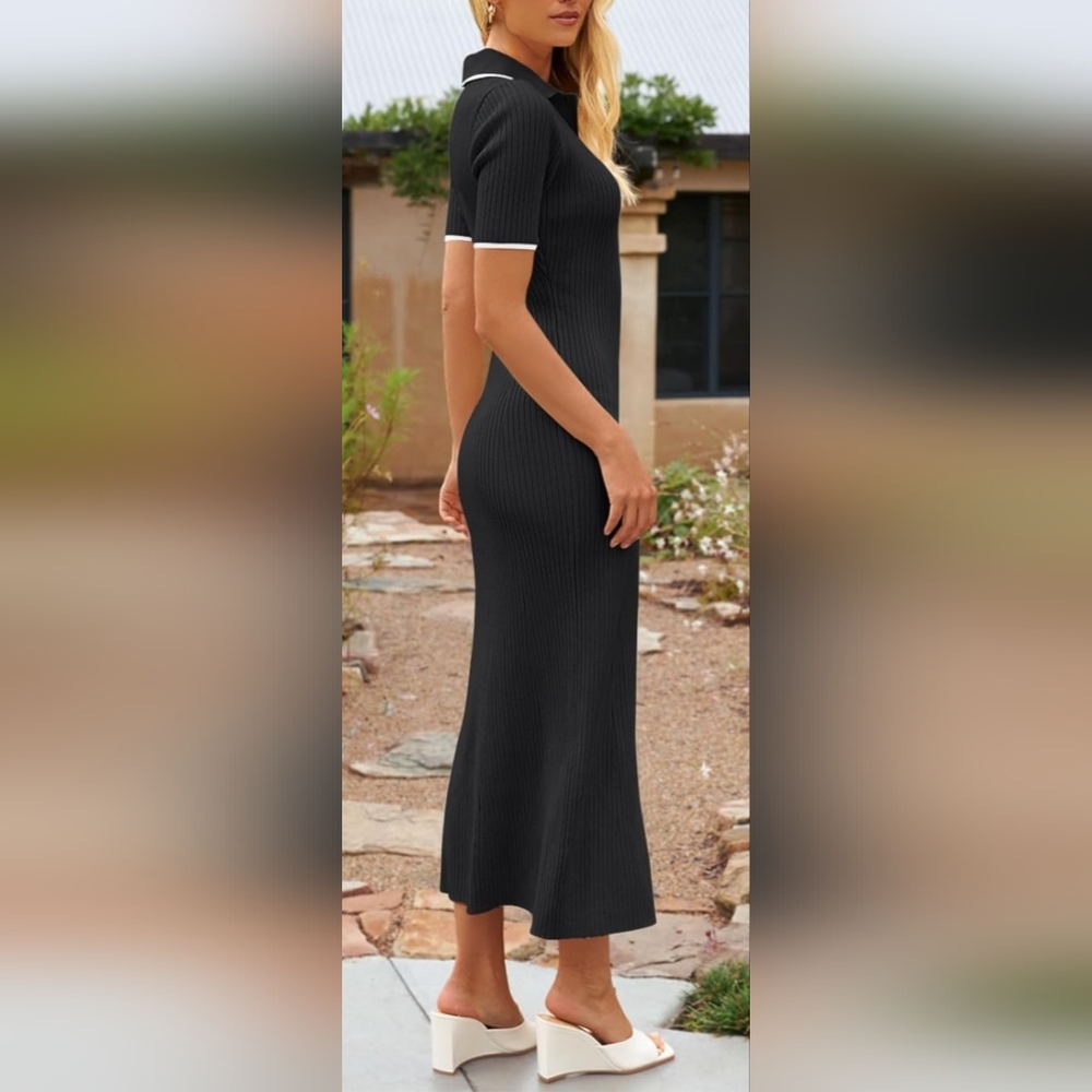 Merokeety Women's V-Neck Black Ribbed Knit Maxi Dress Bodycon Office/Carrer Med - Picture 5 of 16